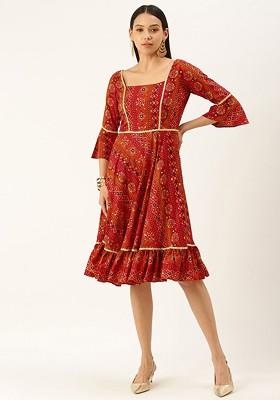 Red Bandhani Print Poly Blend Tunic