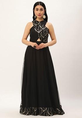 Black Sequin Embroidered Poly Blend Tunic