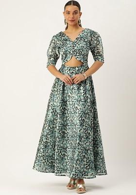 Green Floral Embroidered Poly Blend Tunic