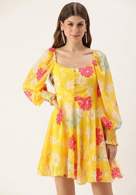 Yellow Floral Print Poly Blend Tunic