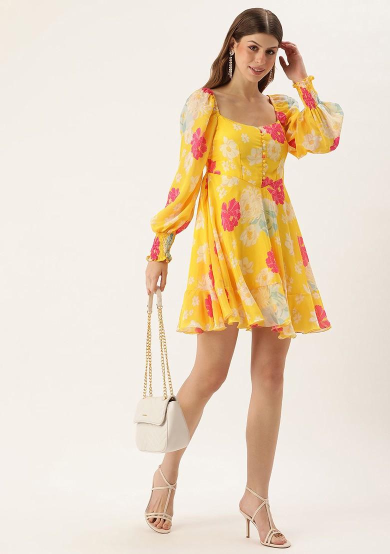 Yellow Floral Print Poly Blend Tunic