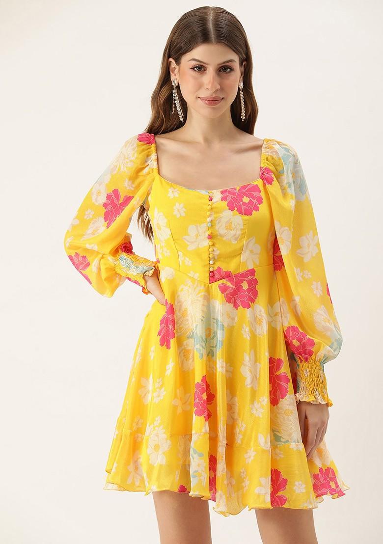 Yellow Floral Print Poly Blend Tunic