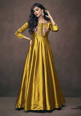 Yellow Embroidered Satin Anarkali Kurta
