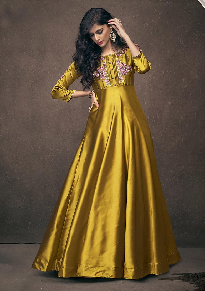 Yellow Embroidered Satin Anarkali Kurta