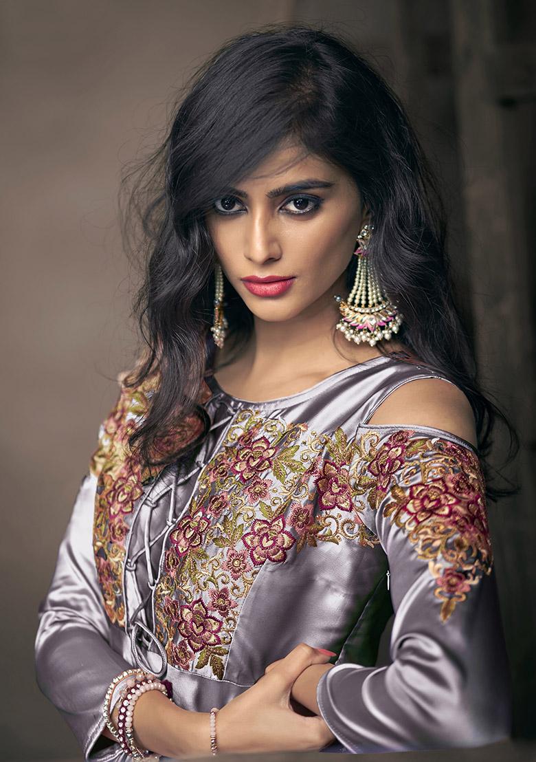 Grey Embroidered Silk Anarkali Kurta