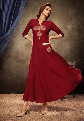 Maroon Embroidered Rayon Anarkali Kurta