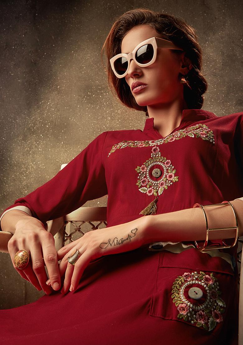 Maroon Embroidered Rayon Anarkali Kurta