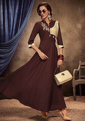 Brown Embroidered Rayon Anarkali Kurta