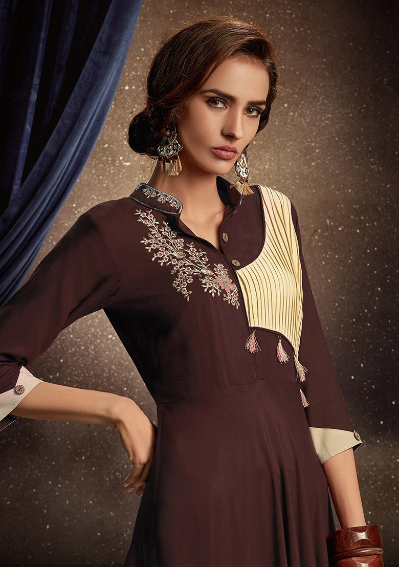 Brown Embroidered Rayon Anarkali Kurta