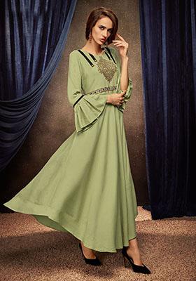 Pista Green Embroidered Rayon Anarkali Kurta