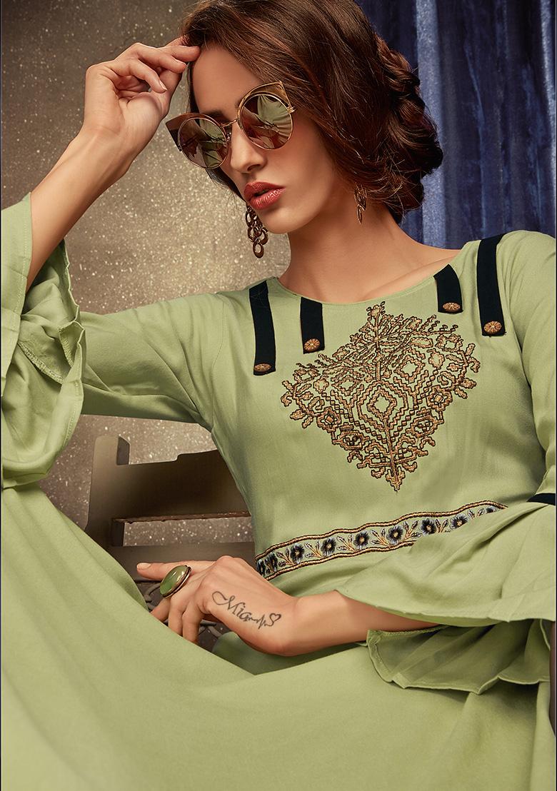Pista Green Embroidered Rayon Anarkali Kurta