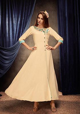 Cream Embroidered Rayon Anarkali Kurta