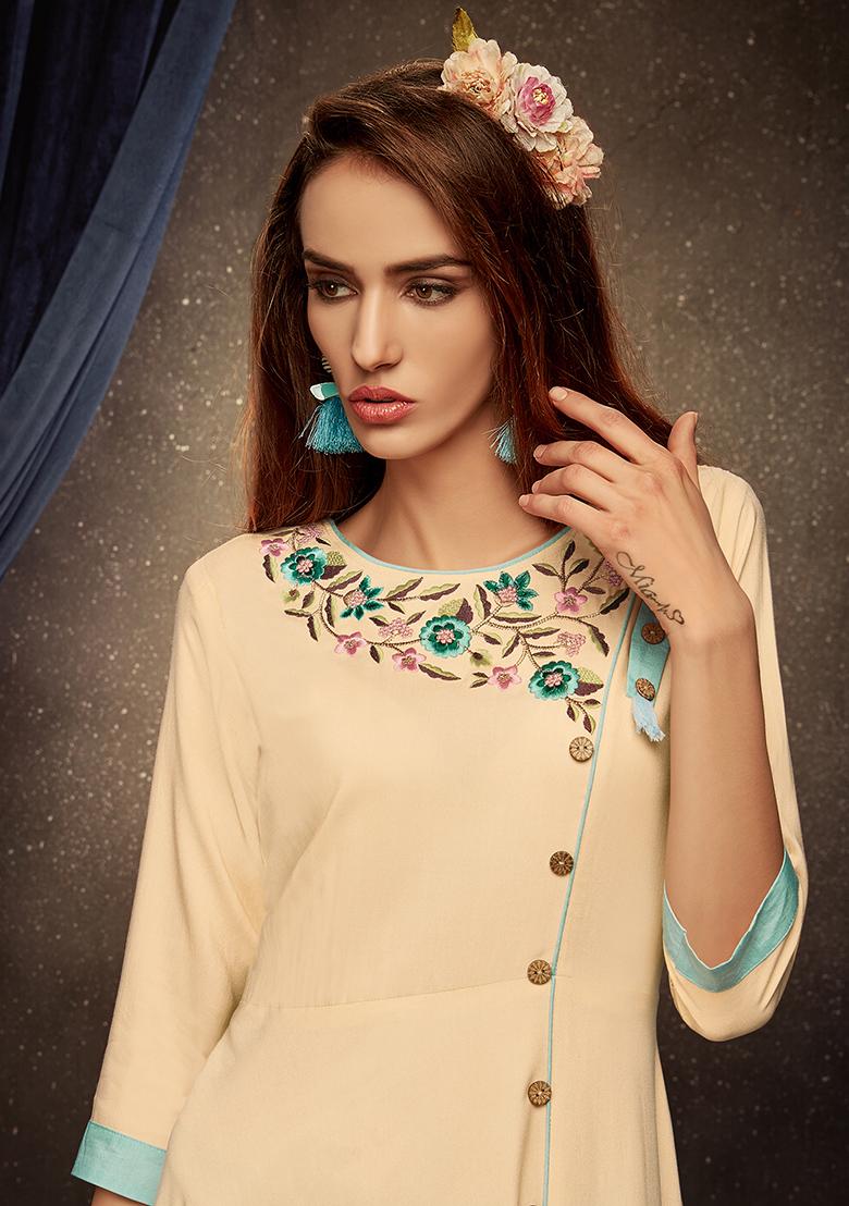 Cream Embroidered Rayon Anarkali Kurta