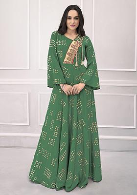 Green Foil Print Embroidered Muslin Anarkali Kurta