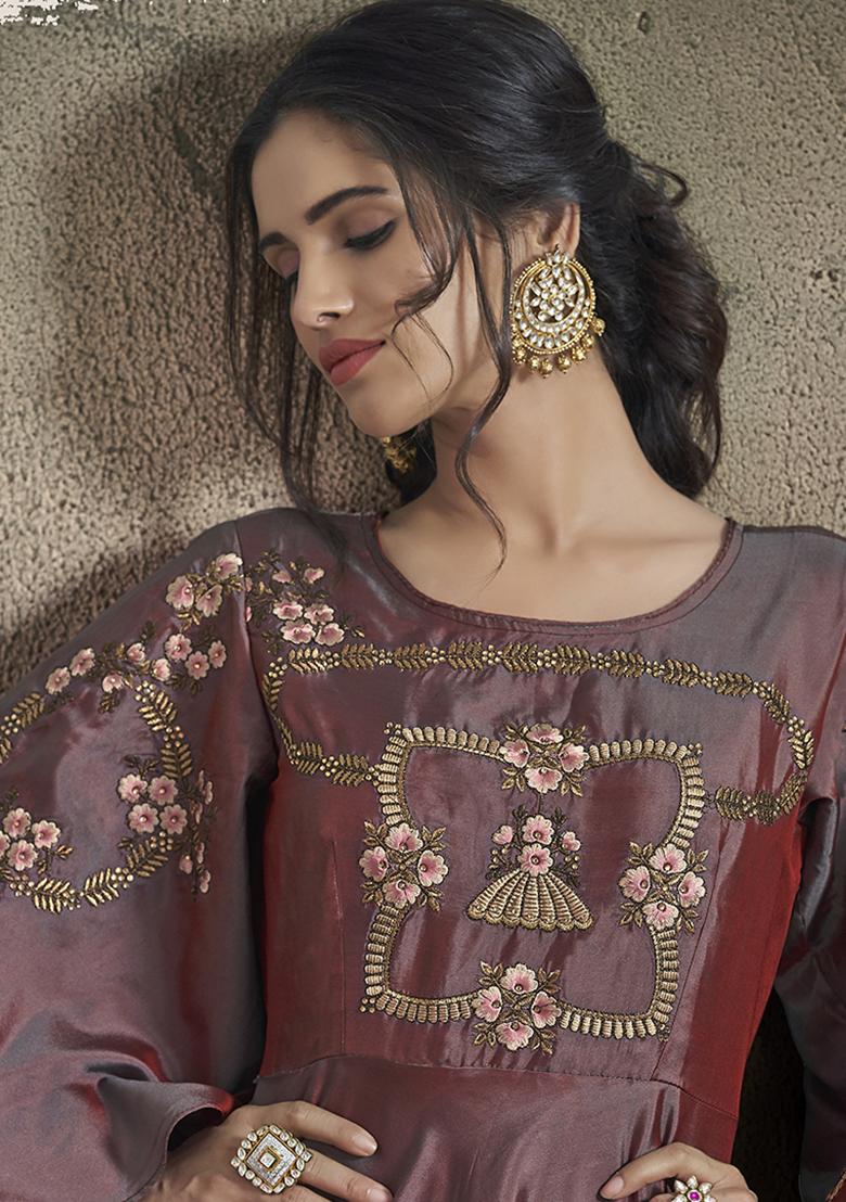 Mauve Embroidered Silk Anarkali Kurta