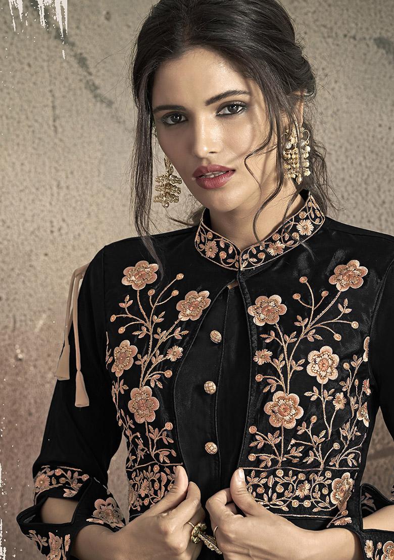 Black Embroidered Silk Anarkali Kurta