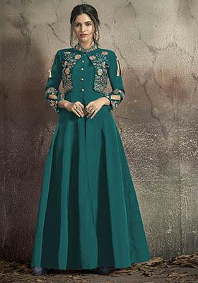 Teal Blue Blue Embroidered Silk Anarkali Kurta