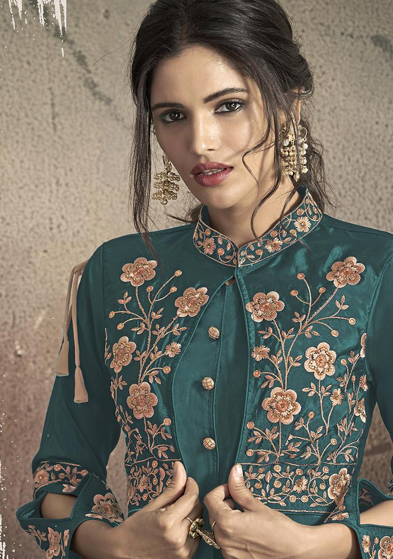 Teal Blue Blue Embroidered Silk Anarkali Kurta