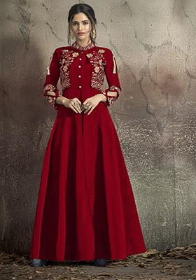 Maroon Embroidered Silk Anarkali Kurta