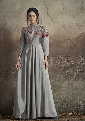Grey Embroidered Silk Anarkali Kurta