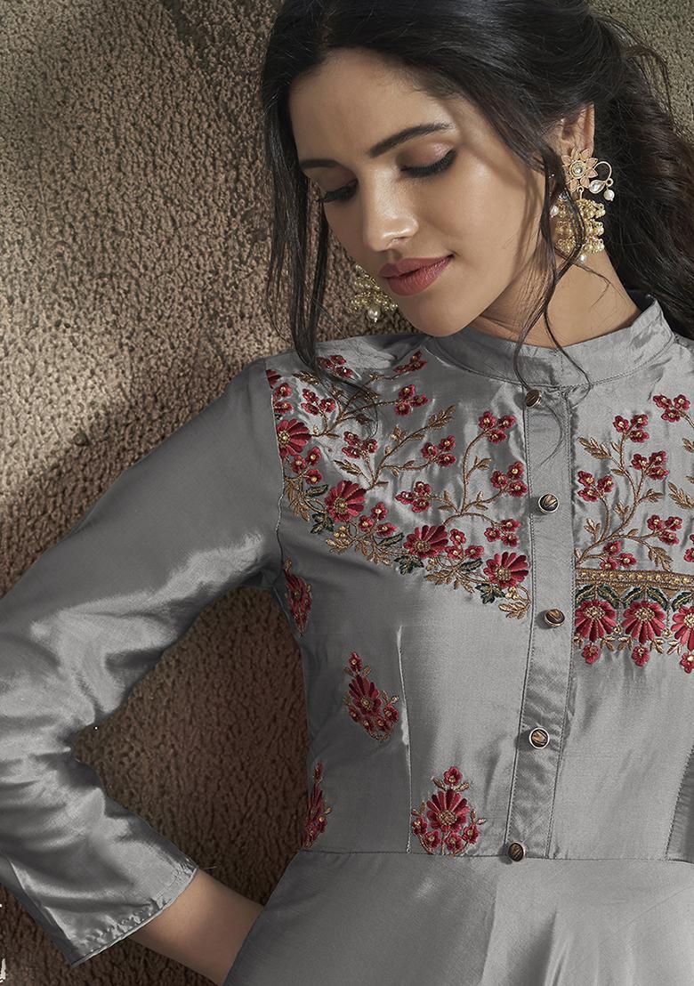 Grey Embroidered Silk Anarkali Kurta