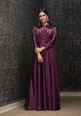 Wine Embroidered Muslin Anarkali Kurta