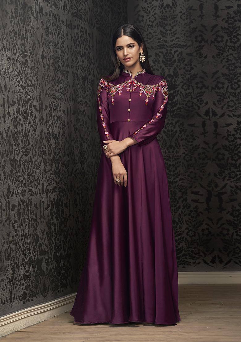 Wine Embroidered Muslin Anarkali Kurta - Indya
