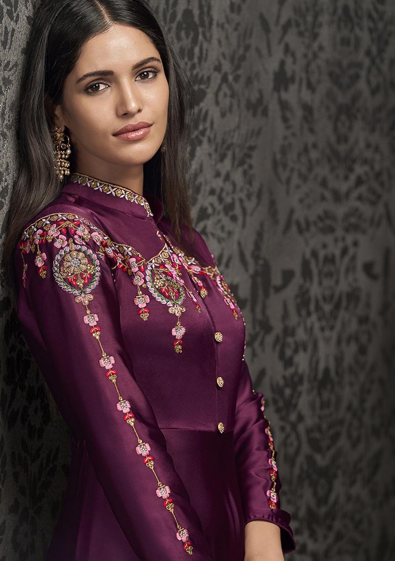 Wine Embroidered Muslin Anarkali Kurta
