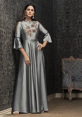 Grey Embroidered Muslin Anarkali Kurta