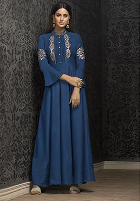 Royal Blue Embroidered Muslin Anarkali Kurta