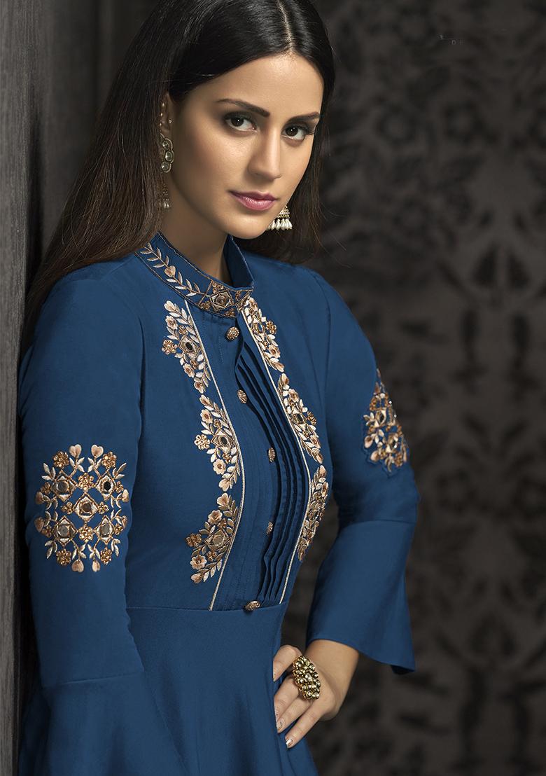 Royal Blue Embroidered Muslin Anarkali Kurta