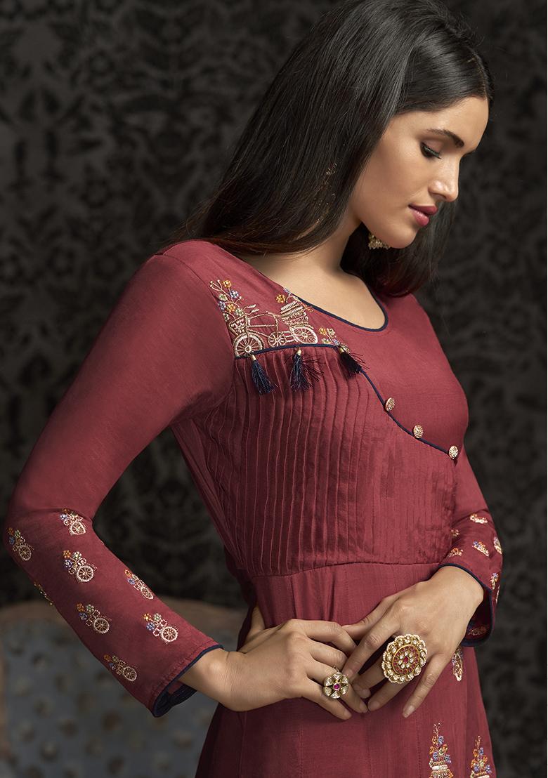 Cherry Red Embroidered Muslin Anarkali Kurta