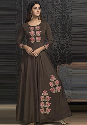 Brown Embroidered Muslin Anarkali Kurta