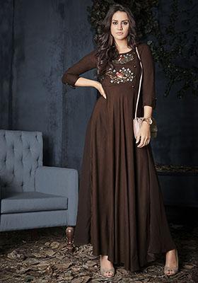 Brown Embroidered Rayon Anarkali Kurta