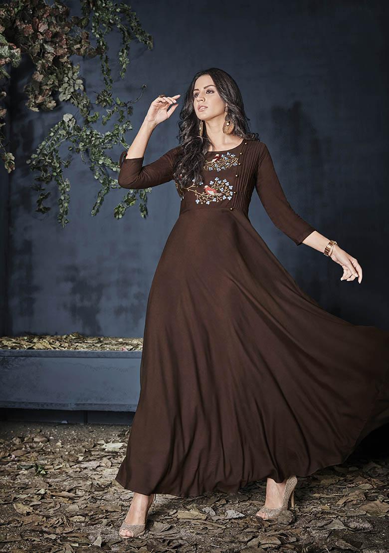 Brown Embroidered Rayon Anarkali Kurta