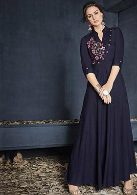 Navy Blue Embroidered Rayon Anarkali Kurta