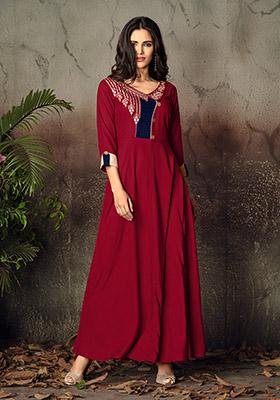 Maroon Embroidered Rayon Anarkali Kurta