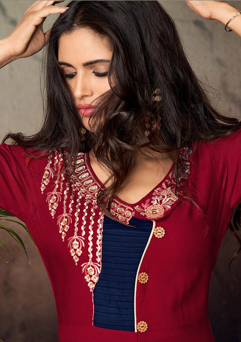 Maroon Embroidered Rayon Anarkali Kurta