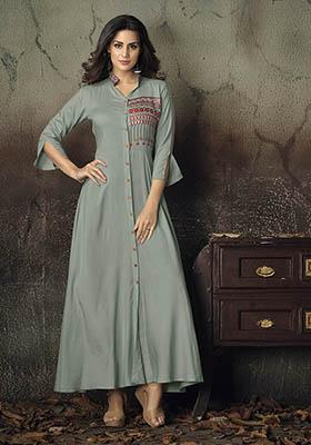 Grey Embroidered Rayon Anarkali Kurta