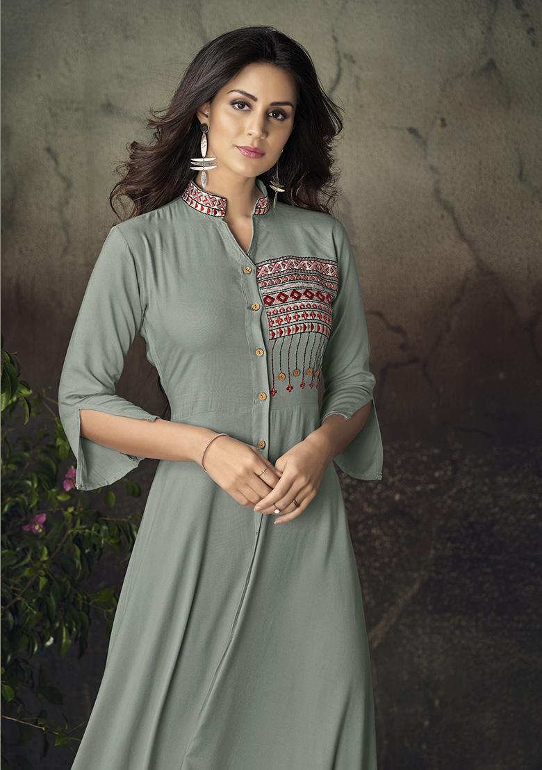 Grey Embroidered Rayon Anarkali Kurta