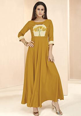 Mustard Embroidered Rayon Anarkali Kurta