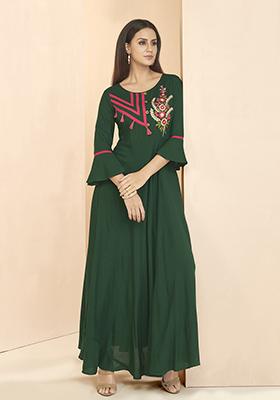 Green Embroidered Rayon Anarkali Kurta