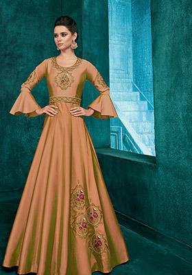 Light Brown Embroidered Silk Anarkali Kurta