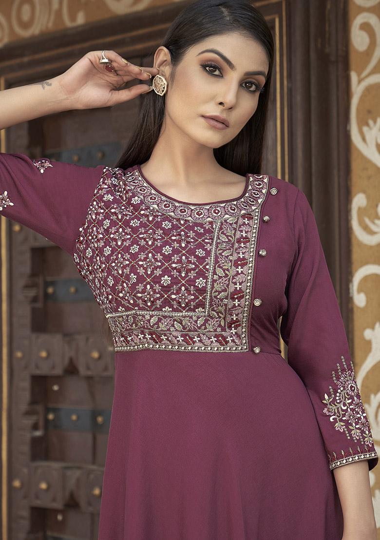 Mauve Embroidered Muslin Anarkali Kurta