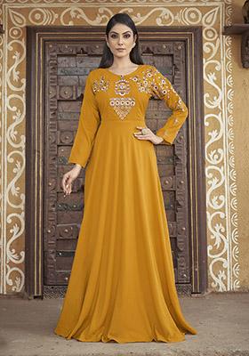 Mustard Embroidered Muslin Anarkali Kurta