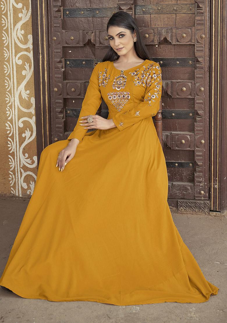 Mustard Embroidered Muslin Anarkali Kurta