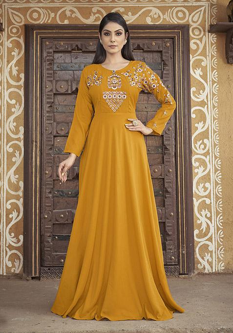 Mustard Embroidered Muslin Anarkali Kurta