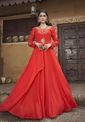 Red Embroidered Muslin Anarkali Kurta