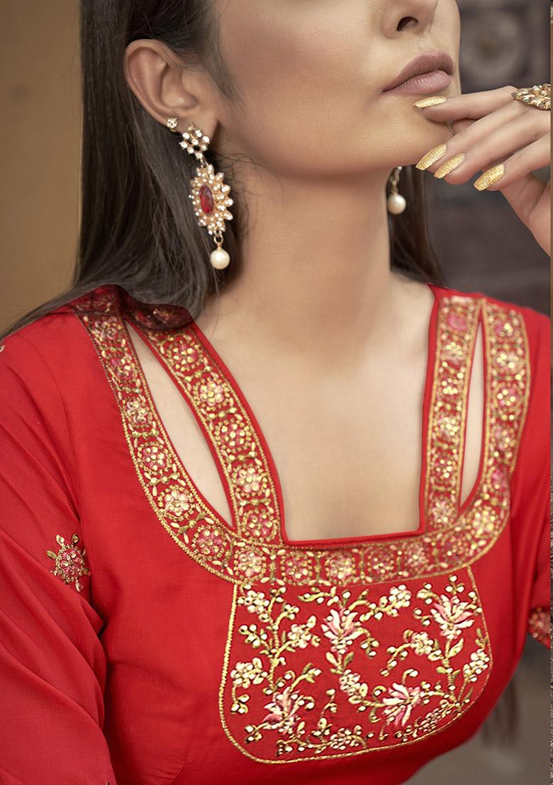 Red Embroidered Muslin Anarkali Kurta