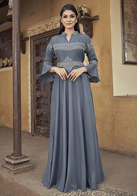 Grey Embroidered Muslin Anarkali Kurta